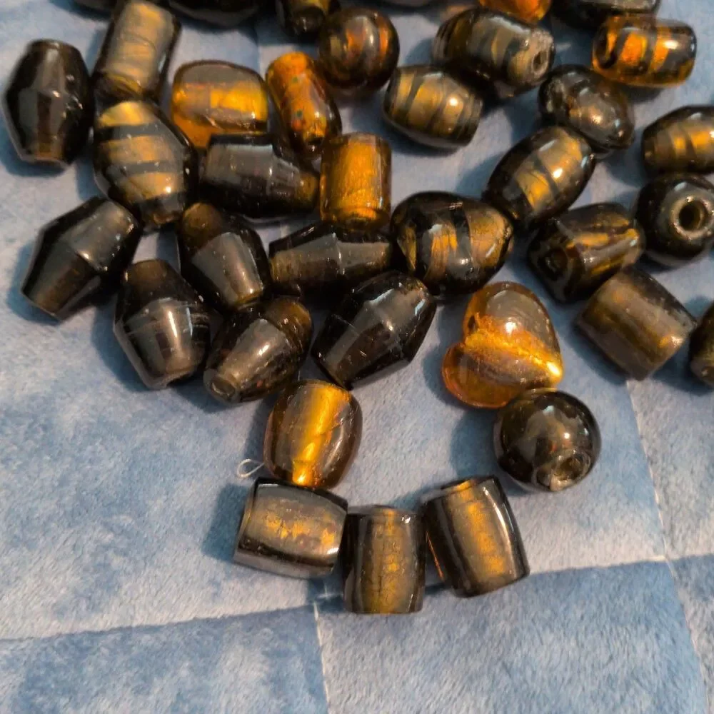 Vintage Mixed Tiger's Eye & Amber Glass Bead Destash Lot – Large Hole Barrel...